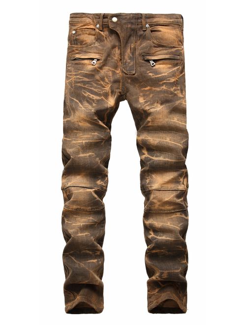 FEESON Men's Stylish Camo Straight Fit Stitching Moto Biker Blue Jeans