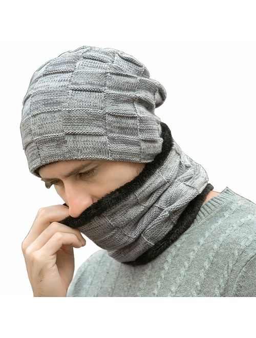 Winter Beanie Hats Scarf Set Warm Knit Hats Skull Cap Neck Warmer with Thick Fleece Lined Winter Hat & Scarf for Men Women