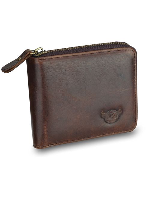 Admetus Men's Genuine Cow Leather Zip-around Bifold Wallet Multi Card Holder Purse