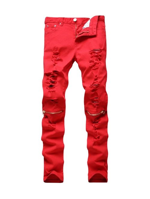 Men's Slim Fit Pencil Pants Vintage Zipper Denim Distressed Stretch Ripped Jeans