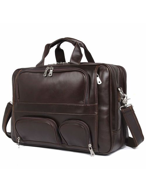 Texbo Men's Solid Genuine Leather 17.3 Inch Laptop Briefcase Messenger Bag Tote Fit Business Travel