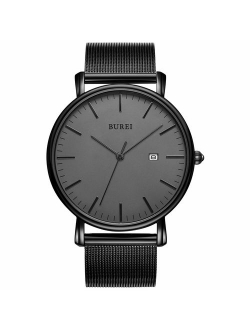 BUREI Men's Watch Ultra Thin Black Quartz Analog Wrist Watch Date Calendar Stainless Steel Mesh Band/Leather Band