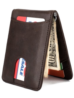 Slim Leather Front Pocket Wallet Money Clip with Pull Tab Slot and RFID Blocking