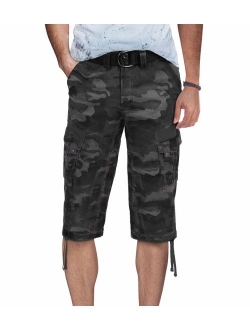 Men's Belted Tactical Cotton Solid Knee Length Cargo Long Shorts 18