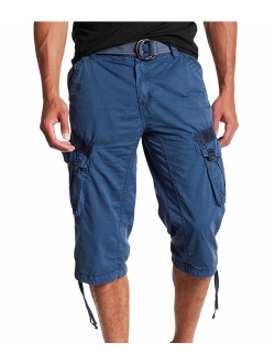 Men's Belted Tactical Cotton Solid Knee Length Cargo Long Shorts 18