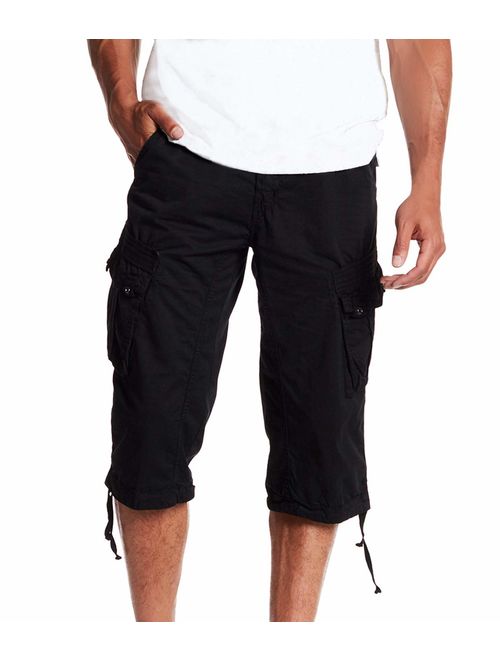 Men's Belted Tactical Cotton Solid Knee Length Cargo Long Shorts 18