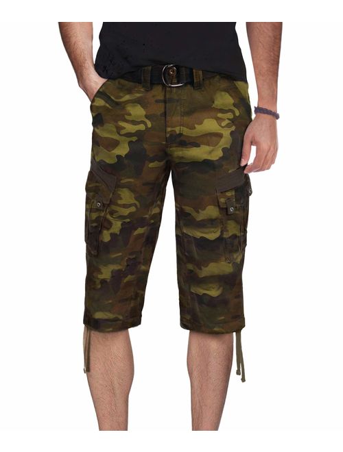 Men's Belted Tactical Cotton Solid Knee Length Cargo Long Shorts 18