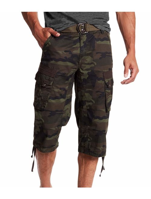 Men's Belted Tactical Cotton Solid Knee Length Cargo Long Shorts 18