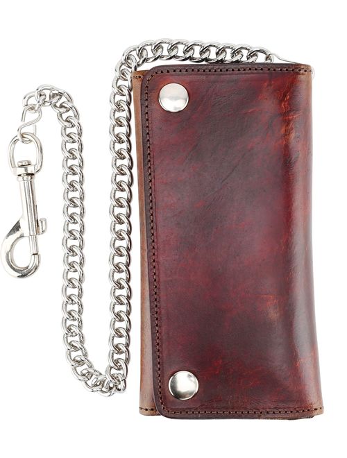 RFID Blocking Men's Tri-fold Vintage Long Style cow Leather With Chain card holder Wallet,USA