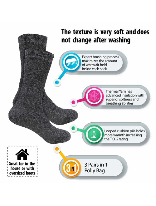 Set of 3 Thermal Socks for Men- Heated Winter Socks for Cold Weather Protection - Warm Insulated Socks for Winter