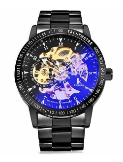 IK Men's Watch Skeleton Automatic Mechanical Wristwatch, Silver Golden Dial Tachymeter Black Stainless Steel Casual Steampunk Watch