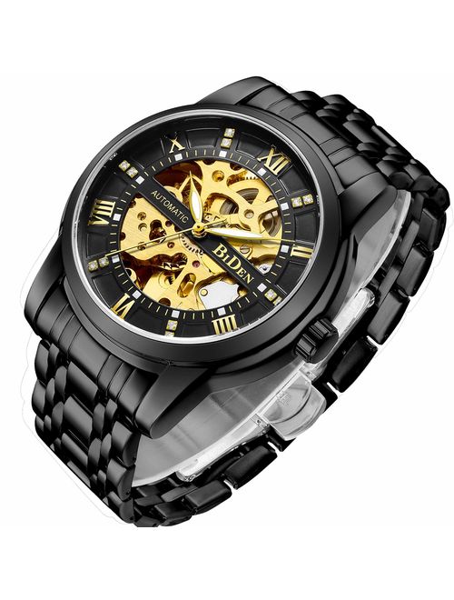 IK Men's Watch Skeleton Automatic Mechanical Wristwatch, Silver Golden Dial Tachymeter Black Stainless Steel Casual Steampunk Watch