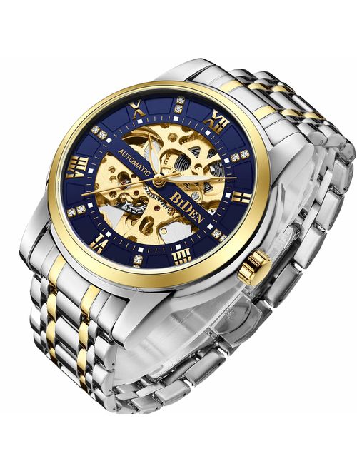 IK Men's Watch Skeleton Automatic Mechanical Wristwatch, Silver Golden Dial Tachymeter Black Stainless Steel Casual Steampunk Watch