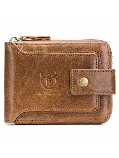 BULLCAPTAIN Genuine Leather RFID Wallet for Men Large Capacity ID Window Card Case with Zip Coin Pocket QB-231