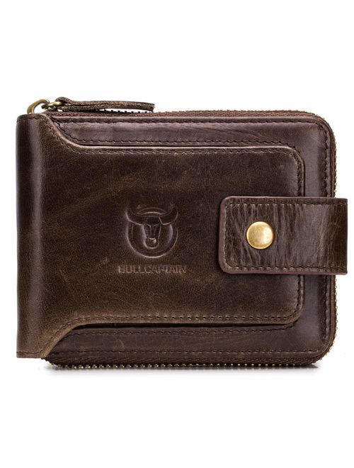 BULLCAPTAIN Genuine Leather RFID Wallet for Men Large Capacity ID Window Card Case with Zip Coin Pocket QB-231