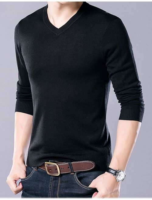 Yeokou Men's Casual Slim V Neck Winter Wool Cashmere Pullover Jumper Sweater