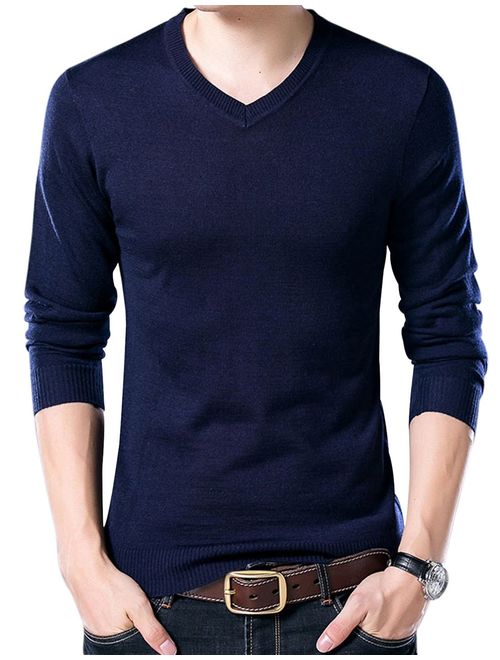 Yeokou Men's Casual Slim V Neck Winter Wool Cashmere Pullover Jumper Sweater