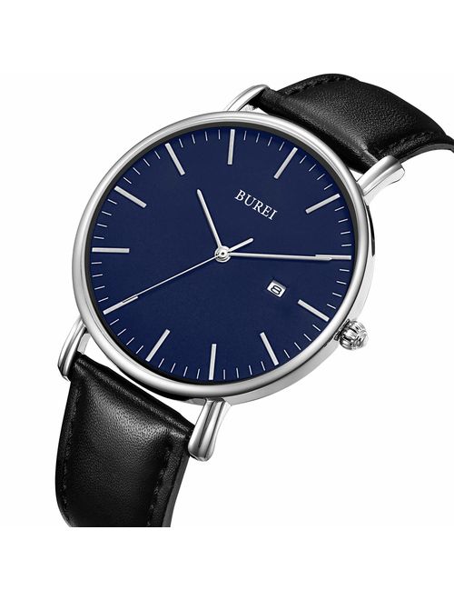 BUREI Men's Fashion Minimalist Wrist Watch Analog Date with Leather Strap