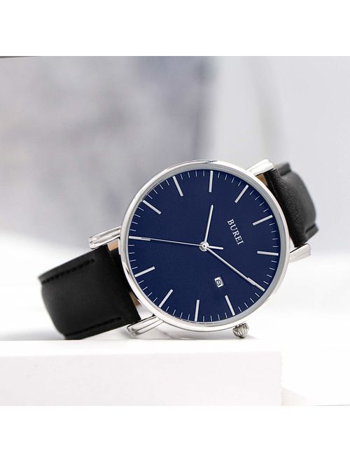 BUREI Men's Fashion Minimalist Wrist Watch Analog Date with Leather Strap