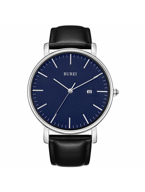 BUREI Men's Fashion Minimalist Wrist Watch Analog Date with Leather Strap