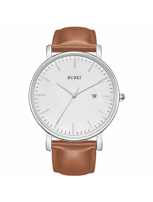 BUREI Men's Fashion Minimalist Wrist Watch Analog Date with Leather Strap