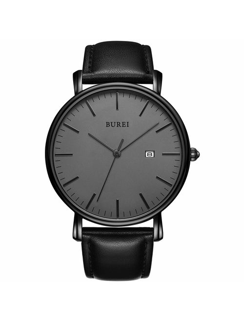 BUREI Men's Fashion Minimalist Wrist Watch Analog Date with Leather Strap