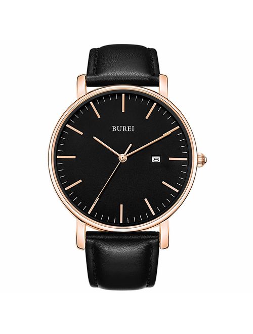 BUREI Men's Fashion Minimalist Wrist Watch Analog Date with Leather Strap