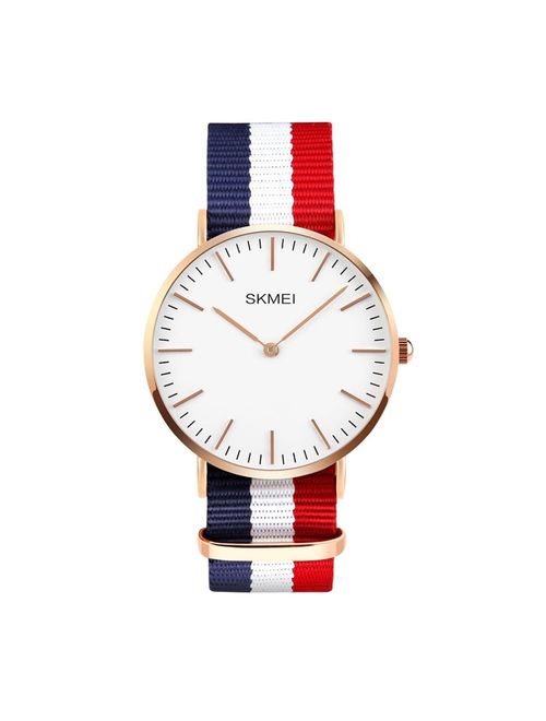 Men's Stainless Steel Classic Quartz Analog Business Wrist Watch with Thin Dial, Replaceable Multi-Color Striped Nylon Band