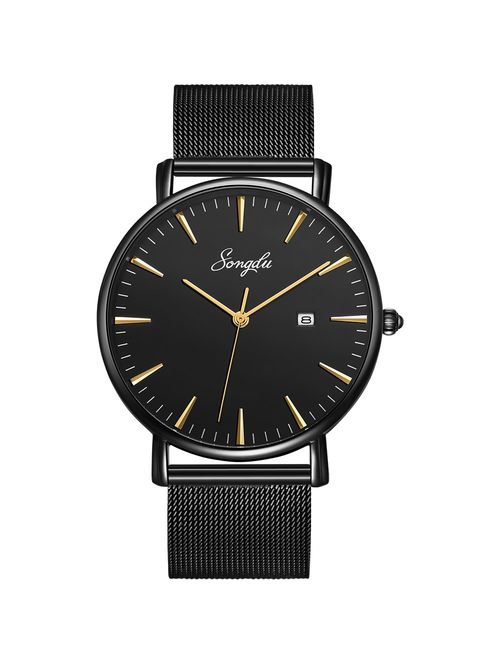 SONGDU Men's Fashion Date Slim Analog Quartz Watches with Stainless Steel Mesh Band