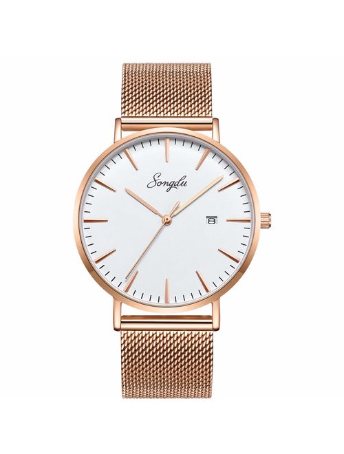 SONGDU Men's Fashion Date Slim Analog Quartz Watches with Stainless Steel Mesh Band