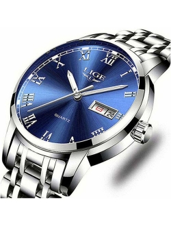 Watches,Mens Full Stainless Steel Blue Men Watch Luminous Quartz Analog Watch Fashion Casual Business Dress Wristwatch Silver Waterproof 30M Casual Clock