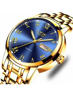 Watches,Mens Full Stainless Steel Blue Men Watch Luminous Quartz Analog Watch Fashion Casual Business Dress Wristwatch Silver Waterproof 30M Casual Clock