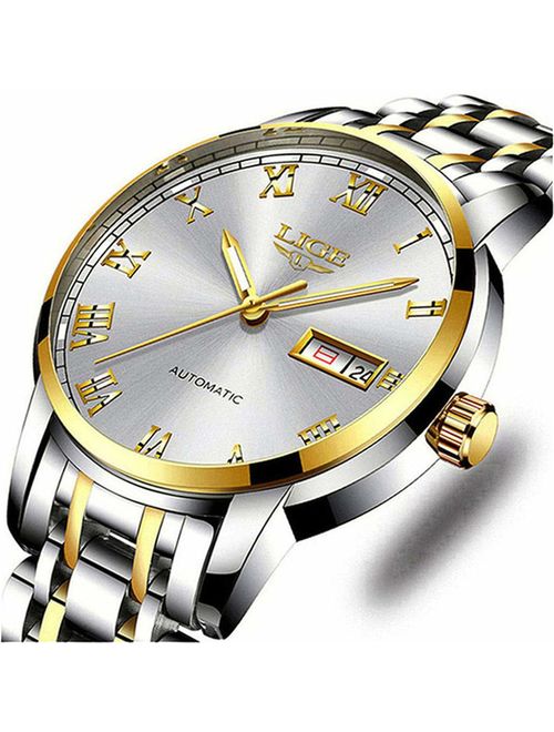 Watches,Mens Full Stainless Steel Blue Men Watch Luminous Quartz Analog Watch Fashion Casual Business Dress Wristwatch Silver Waterproof 30M Casual Clock