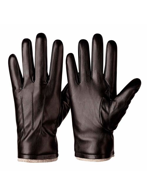 Winter PU Leather Gloves For Men, Warm Thermal Touchscreen Texting Typing Dress Driving Motorcycle Gloves With Wool Lining