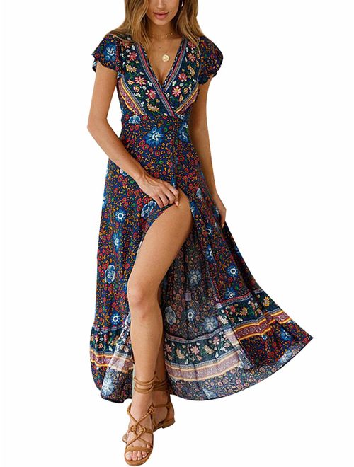 Temofon Women's Dresses Bohemian Floral Printed Summer Casual Short Sleeve Wrap V-Neck High Split Ethnic Maxi Dress