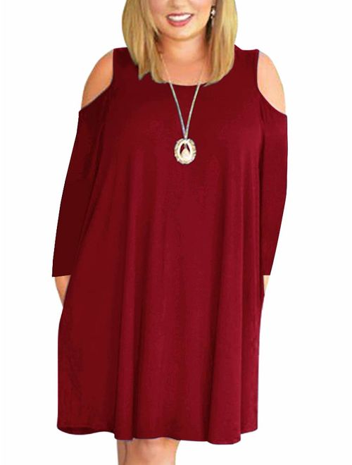 Nemidor Women's Cold Shoulder Plus Size Casual T-Shirt Swing Dress with Pockets