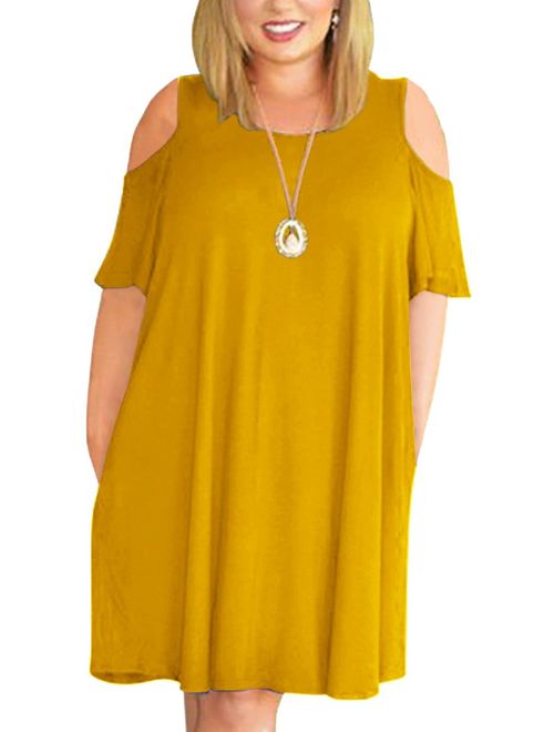 Nemidor Women's Cold Shoulder Plus Size Casual T-Shirt Swing Dress with Pockets