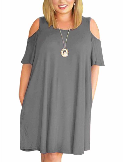 Nemidor Women's Cold Shoulder Plus Size Casual T-Shirt Swing Dress with Pockets