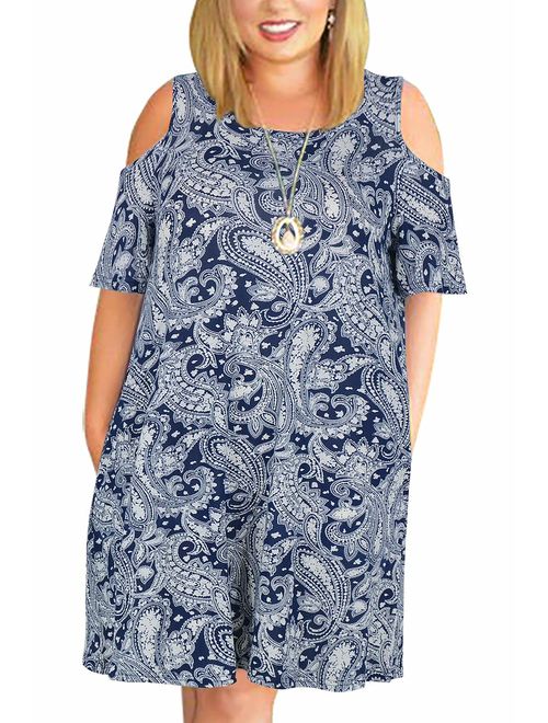 Nemidor Women's Cold Shoulder Plus Size Casual T-Shirt Swing Dress with Pockets