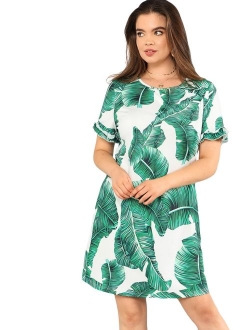 Women's Palm Leaf Print Short Sleeve Summer Dress