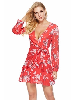 ROVLET Women's Sexy Floral Dress Long Sleeve V Neck Ruffle Boho A line Mini Dress Party Beach