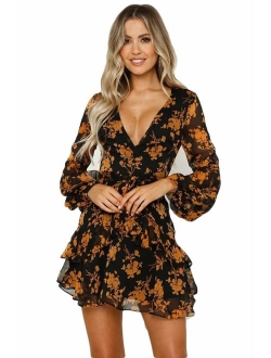 ROVLET Women's Sexy Floral Dress Long Sleeve V Neck Ruffle Boho A line Mini Dress Party Beach