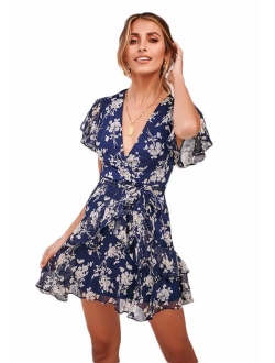 ROVLET Women's Sexy Floral Dress Long Sleeve V Neck Ruffle Boho A line Mini Dress Party Beach