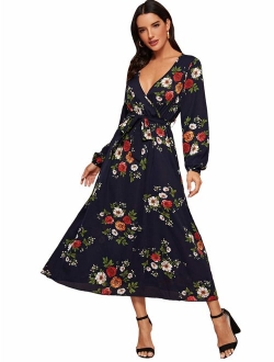 Women's Elegant Wrap Split Floral Print Flowy Party Maxi Dress