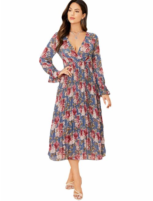 Milumia Women's Elegant Wrap Split Floral Print Flowy Party Maxi Dress