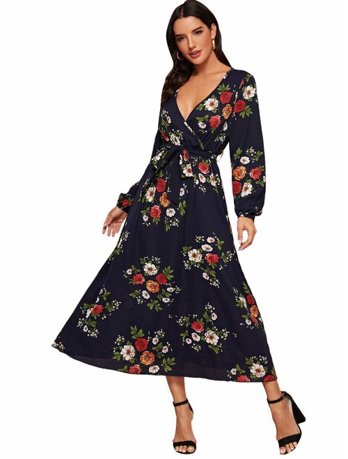 Milumia Women's Elegant Wrap Split Floral Print Flowy Party Maxi Dress