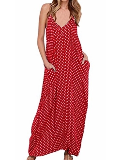 LILBETTER Women V-Neck Polka Dot Print Spaghetti Strap Boho Long Maxi Dresses