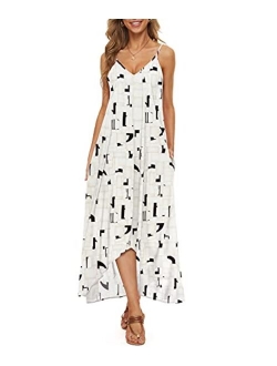 LILBETTER Women V-Neck Polka Dot Print Spaghetti Strap Boho Long Maxi Dresses