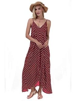 LILBETTER Women V-Neck Polka Dot Print Spaghetti Strap Boho Long Maxi Dresses