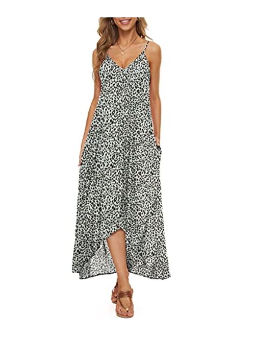 LILBETTER Women V-Neck Polka Dot Print Spaghetti Strap Boho Long Maxi Dresses